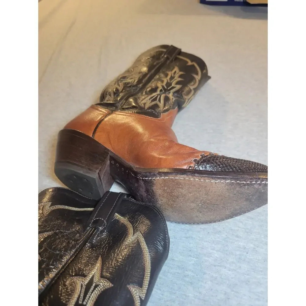 Vintage Tony Lama 6951 Men Brown Western Cowboy Boots J Toe Leather USA W Box
